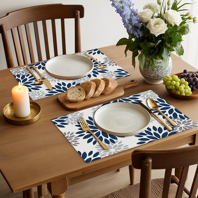 Navy Blue & Gray Floral 100% Polyester Placemats Set of 4, Flowers Table Mats, Washable Non-Slip Heat Resistant Table Mats for Party Kitchen Dining Table Decor, Housewarming Gifts for Women Mom Friend