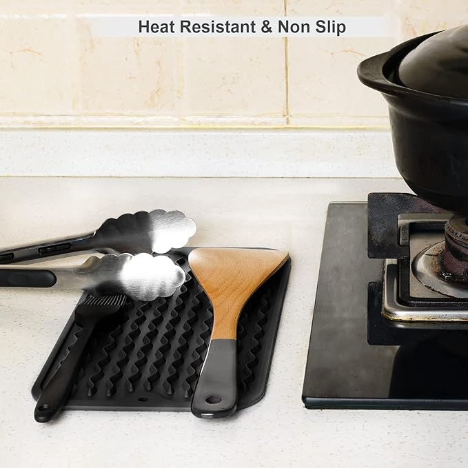 ZLR 2 Pcs Silicone Sponge Holder & Sink Caddy Tray (6" x 12") - Narrow Dish Drying Mat for Kitchen Counter - Waterproof Soap Dispenser Organizer, Non-Slip Bathroom Vanity Tray (Black)