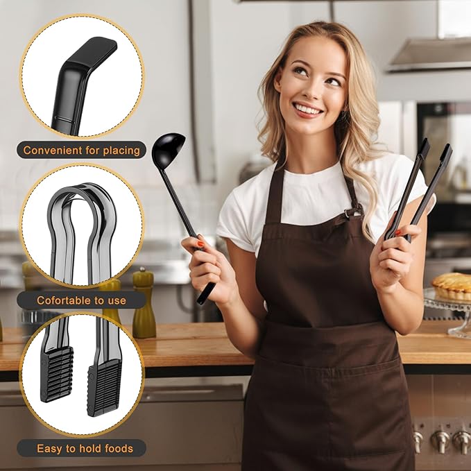 6 Pieces Plastic Serving Utensils Set Including 3 Pcs 1 oz Small Ladle and 3 Pcs Tong Acrylic Long Handle Ladle for Serving Sauce, Soup, Dressing, Punch Bowl, Gravy for Party Banquets Catering(Black)