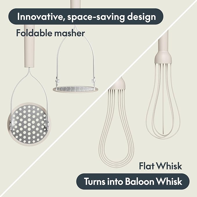 bella 2-Piece Compact Masher and Whisk Set, Fold Flat, Stainless steel and silicone, Foldable Masher, Ballon Whisk, Flat Whisk, Non-stick, Nonslip, Heat safe to 425°F, Oatmilk