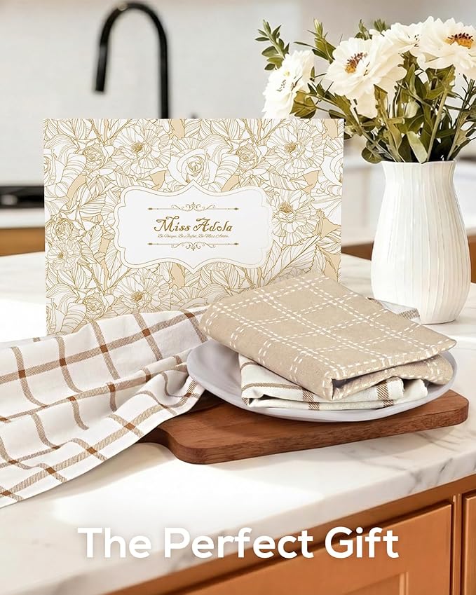 Miss Adola Neutral Flour Sack Kitchen Towels - 3 Pack 18"x 26" Cotton Farmhouse Fast Drying Decorative Hand Tea Towel Dishcloth with Hanging Loop for Home Decor Housewarming Gift, Checkered