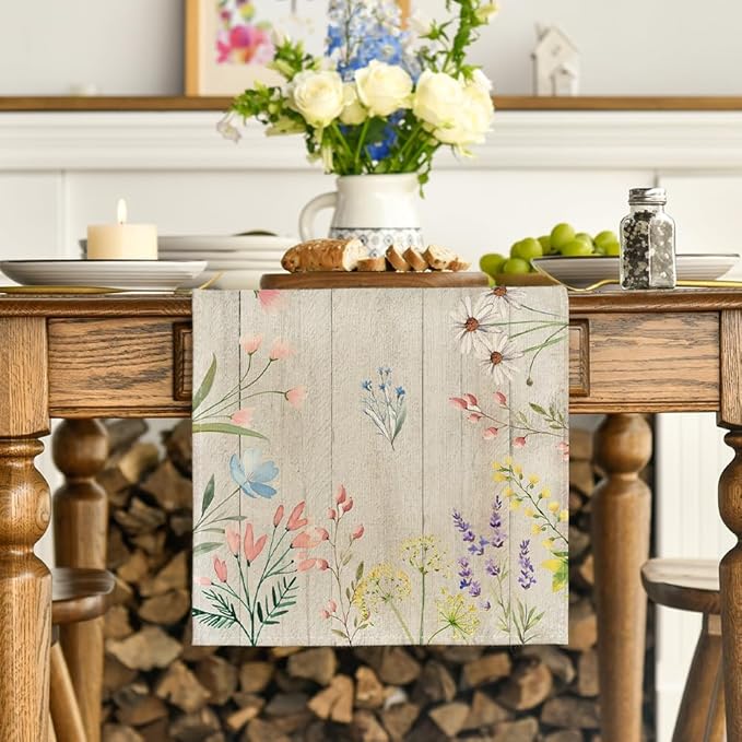 Artoid Mode Wood Flowers Floral Spring Table Runner, Seasonal Summer Kitchen Dining Table Decoration for Home Party Decor 13x72 Inch
