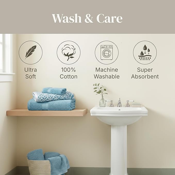Modern Threads Botanical Vine 6-Piece 100% Cotton Towel Set – Reversible Yarn Dyed Jacquard – Includes 2 Bath Towels, 2 Hand Towels, 2 Washcloths – Absorbent, Quick Dry, Soft & Durable – Blue