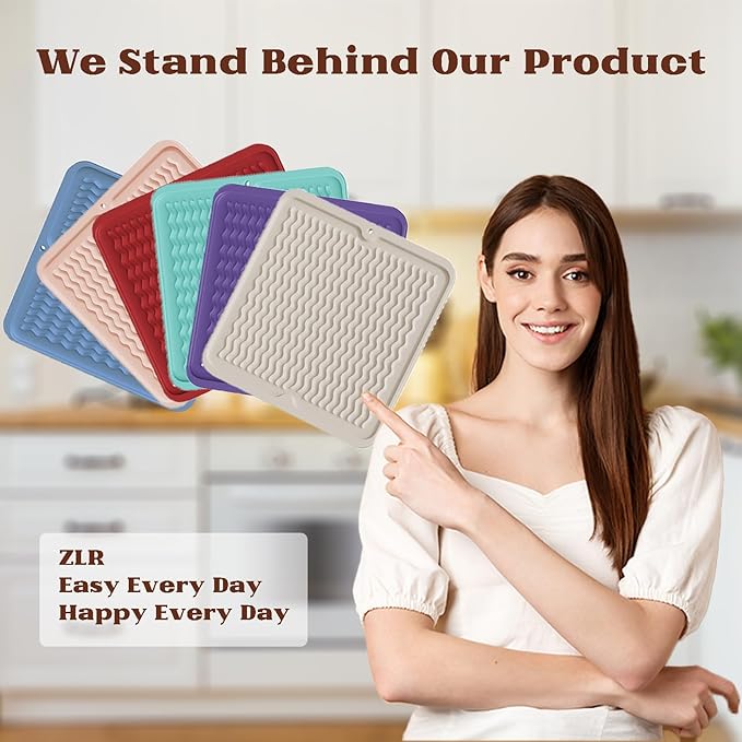 ZLR Silicone Dish Drying Mat 12" x 12" Square - Small Heat Resistant Trivet & Countertop Protector for Air Fryer, Coffee Maker - Waterproof Kitchen Drain Pad for Cups, Fruit (Mint Green)
