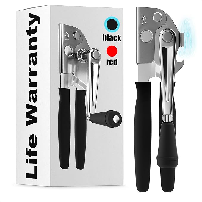 Heavy Duty Commercial Can Opener – Stainless Steel Can Opener for Large & Small Cans, Manual 360° Smooth Crank with Ergonomic Long Handles, Non-Slip Grip, 2-in-1 Bottle Opener for Restaurants & Home
