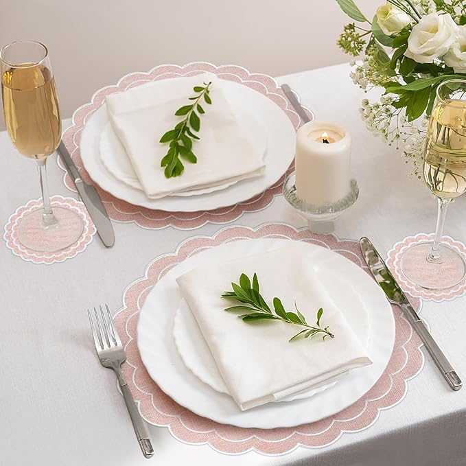 Set of 8 Cotton Linen Placemats Coaster, 15" Scalloped Embroidery Heat Resistant Placemats, 4.7" Kitchen Coaster, Double Layered Machine Washable Table Mat Set Rustic Dinner Table Decoration (Pink)