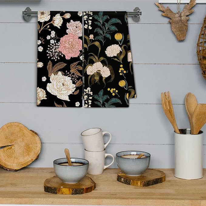 Dark Vintage Floral Kitchen Towels, Art Nouveau Flower Dish Towels Drying Cloth for Kitchen, Boho Cottagecore Botanical Decorative Hand Towel for Bathroom, 16x24 Inch Set of 2