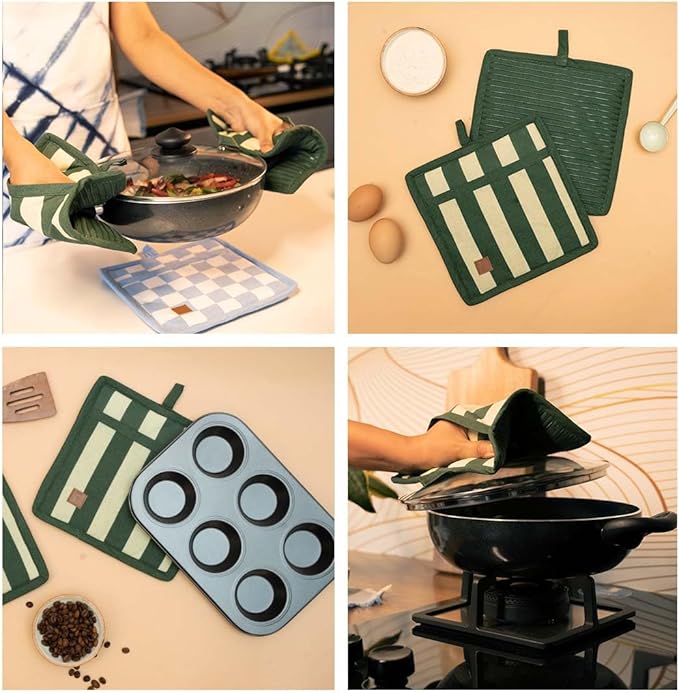 Folkulture Pot Holders for Kitchen | Pack of 2 (8x8) Ribbed Soft Silicone Hot Pads for Kitchen | 100% Cotton Cute Oven Pot Holders Set | Heat Resistant | Machine Washable | Non Slip | Matcha