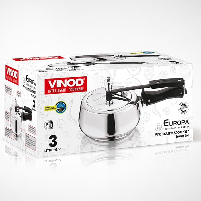 Vinod Europa Stainless Steel Inner Lid Pressure Cooker - 3 Litre | Handi Shape | Sandwich Bottom Cooker | Induction and Gas Base | ISI and CE certified