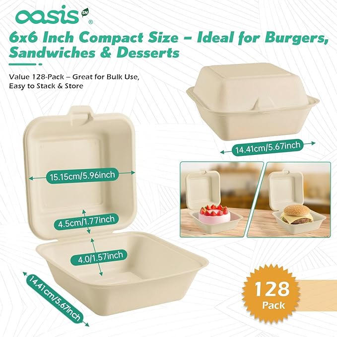 𝟲𝘅𝟲", 𝟭𝟮𝟴-𝗣𝗮𝗰𝗸 Compostable Clamshell Take Out Food Containers, Biodegradable Bagasse Paper To-Go Boxes for Burgers, Sandwiches, Cake, Eco-Friendly, Microwave & Freezer Safe (Natural)