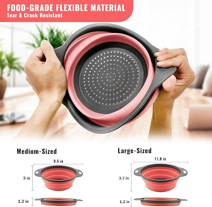 Collapsible Colander Set of 2, Folding Kitchen Strainers with Handles, Space-Saving Over-the-Sink Drainers for Pasta, Veggies & Fruit, BPA-Free, Dishwasher Safe, RV & Camping (Red)