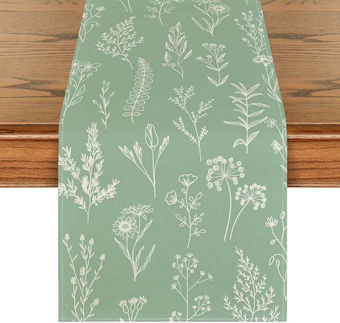 Artoid Mode Sage Green Leaves Flowers Spring Table Runner, Seasonal Kitchen Dining Table Decoration for Home Party Decor 13x90 Inch