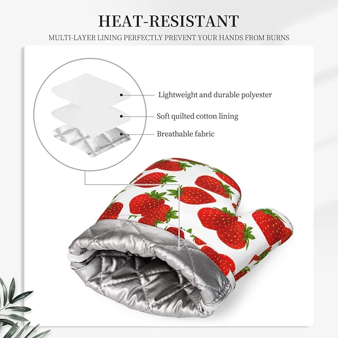 Cute Strawberry Oven Mitts Strawberries Pot Holders Cooking Apron Set of 5 Silicone Strawberry Kitchen Glove Apron Non-Slip Heat Resistant for Chef Baking Cooking Grilling BBQ