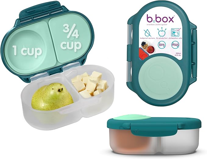 b.box Snack Box - Leakproof Mini Bento Box for Kids & Toddlers, 2 Compartment Snack Containers for Kids, Lunch Containers, Dishwasher Safe, BPA Free, PFAS Free, Ages 4m+, 1 3/4 Cup - Emerald Forest