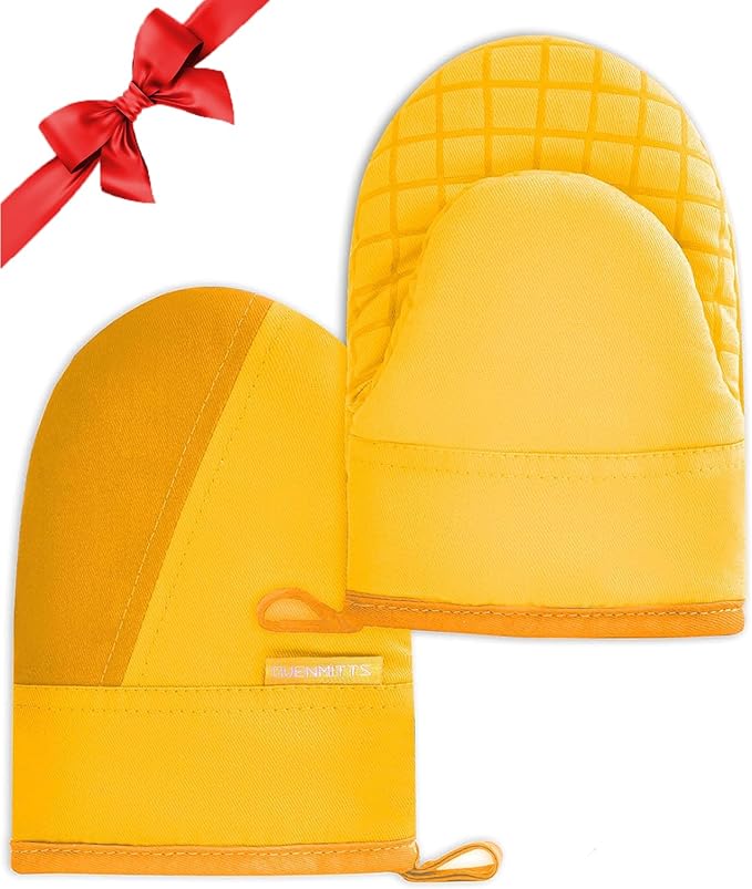Mini Oven Mitts, Kitchen Oven Gloves Kitchen Mittens 500 Degrees Heat Resistant Baking Gloves, Non-Slip Silicone Surface with Hanging Loops Hot Gloves for Cooking, Baking, BBQ 1 Pair-Yellow