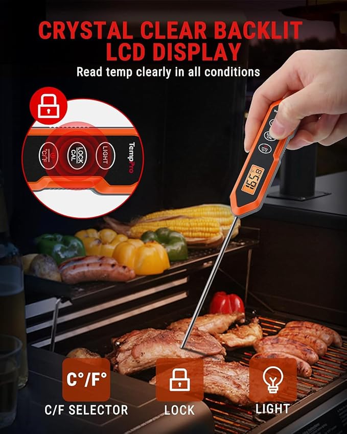 TempPro TP15H Waterproof Instant Read Meat Thermometer for Cooking, Digital Food Thermometer with Backlight & Calibration, Cooking Thermometer for BBQ, 10.47 x 1.16 x 0.69 (Previously ThermoPro)