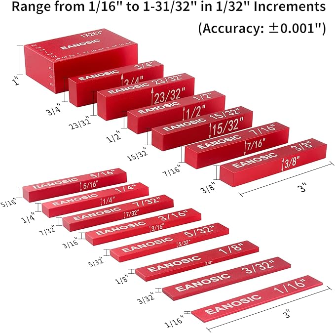 EANOSIC Setup Blocks Height Gauge Set, 15pcs Precision Aluminum Setup Bars for Router and Table Saw Accessories Woodworking Set Up, Bars Include Laser Engraved Size Markings