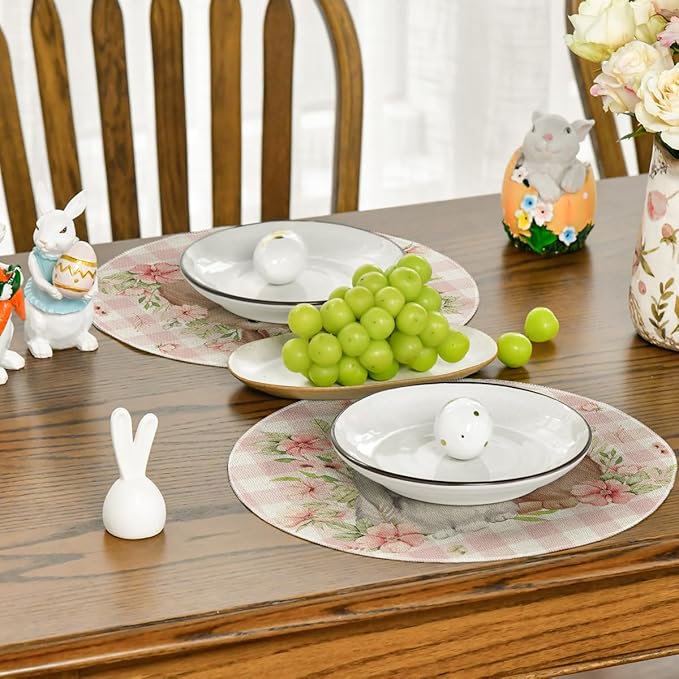 Artoid Mode Easter Round Placemats Set of 4, 14 Inch Buffalo Plaid Bunnys Flowers Spring Round Table Mats for Easter Party Dining Decoration