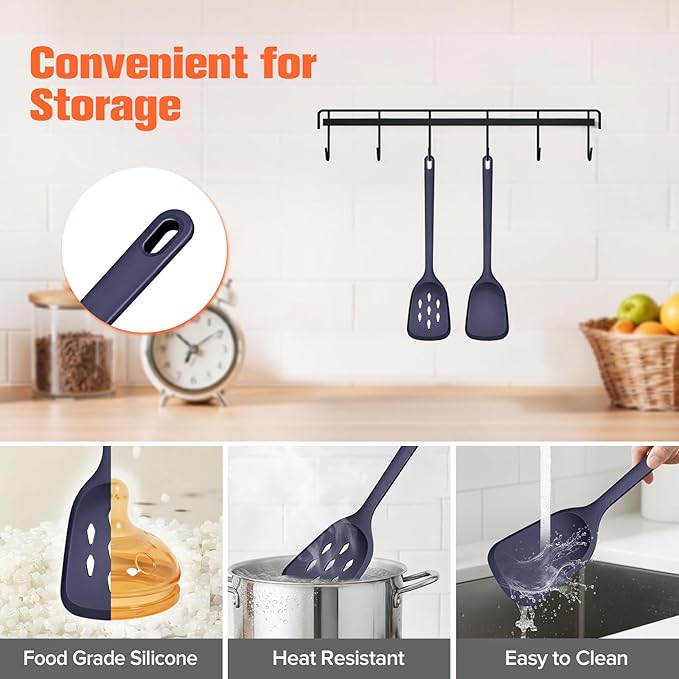 Silicone Cooking Spatula&Slotted Spatulas, Pack of 2,Solid Turner Kitchen Utensils Set for Cooking,Frying, Baking, Flipping, Turning,Heat Resistant 450℉ (BLUE)