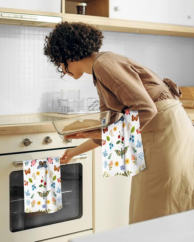 Miss Adola Flour Sack Kitchen Towels Set of 2-18x26 Cotton Dish Towels with Hanging Loop Reusable Tea Towel for Cleaning Spring Absorbent Dishcloths Cute Home Decor Housewarming, Butterfly Garden