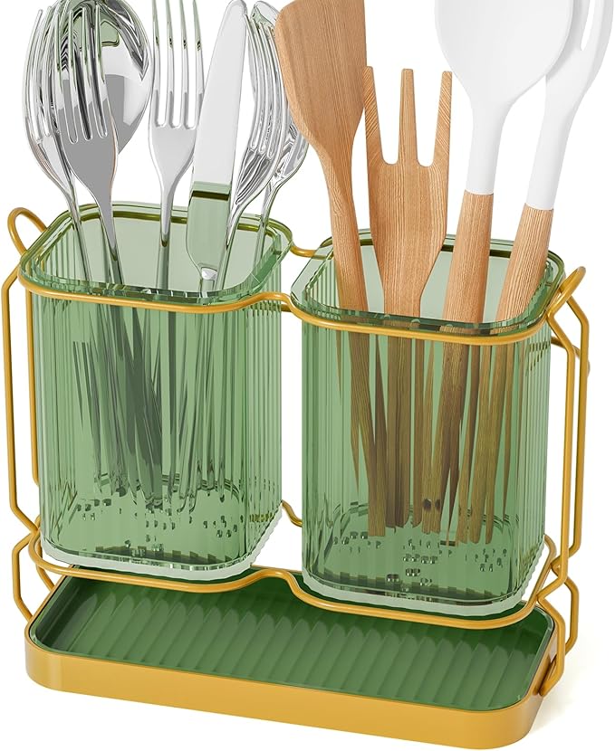 Kitchen Utensil Holder Wall Mount, 6.7" Silverware Holder for Kitchen Countertop, Toothbrush Holders Utensil Drying Holder with Drain Tray for Silverware,Spatula (Green)