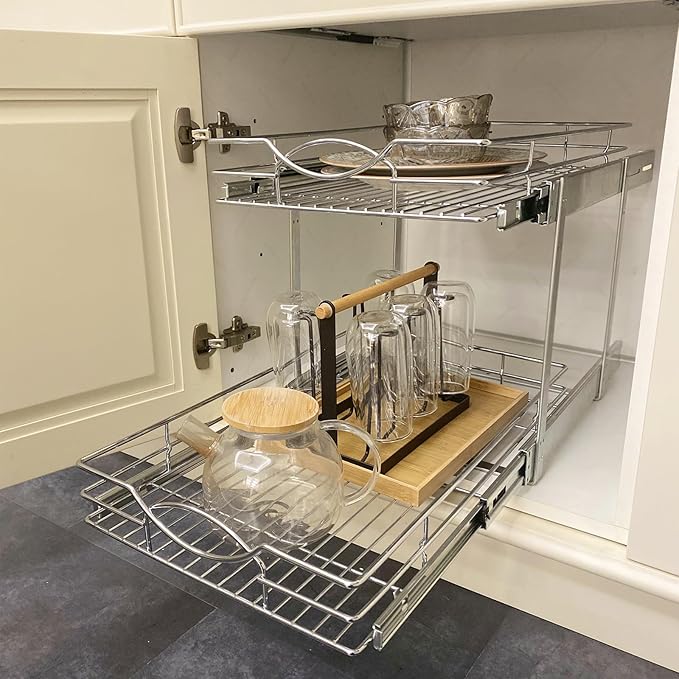Sikarou Pull Out Cabinet Organizer 17" W x 21" D 2-Tier Individual Slide Out Drawer Pantry Shelf Storage for Kitchen Base Cabinet Organization for Kitchen, Bathroom, Pantry, Chrome