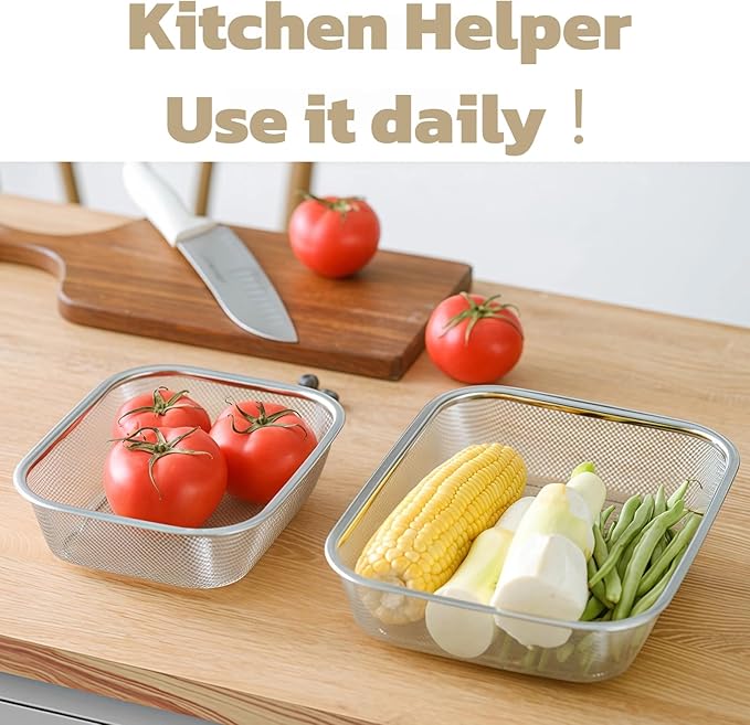18/8 Stainless Steel Fine Mesh Strainer Basket with Feet, Rectangular Colander for Vegetables, Fruits, Pasta, Noodles – Rustproof, Durable & Easy to Clean (9.84 inch)