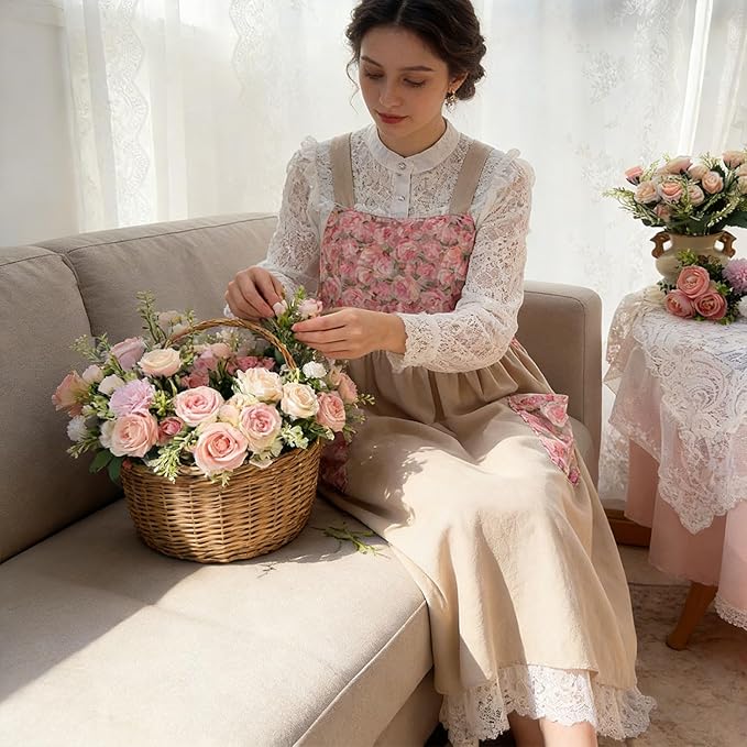 Uaussi Cotton Linen Apron Cross Back Work Apron for Women with Pockets Pinafore Dress X Cross Halter Apron for Chef Gardening