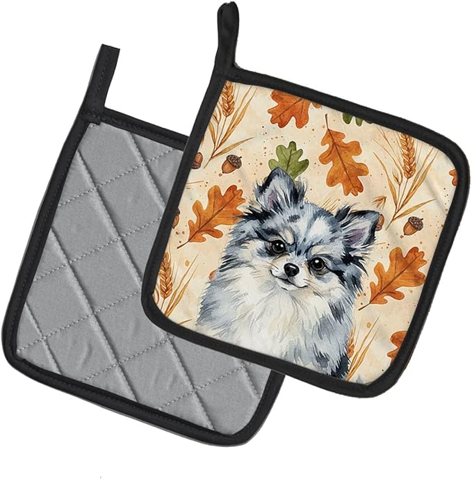Caroline's Treasures Blue Merle Pomeranian Heirloom Fall Pair of Pot Holders Pair 7.5x7.5 Quilted Insulated Hot Pads Decorative Kitchen Gift Made in USA