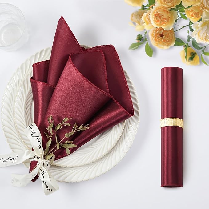 KKJIAF 50 Pack Burgundy Square Satin Napkins 17x17 Inch Soft Smooth Cloth Napkins，Silky Table Napkin for Wedding Banquet Party Decoration