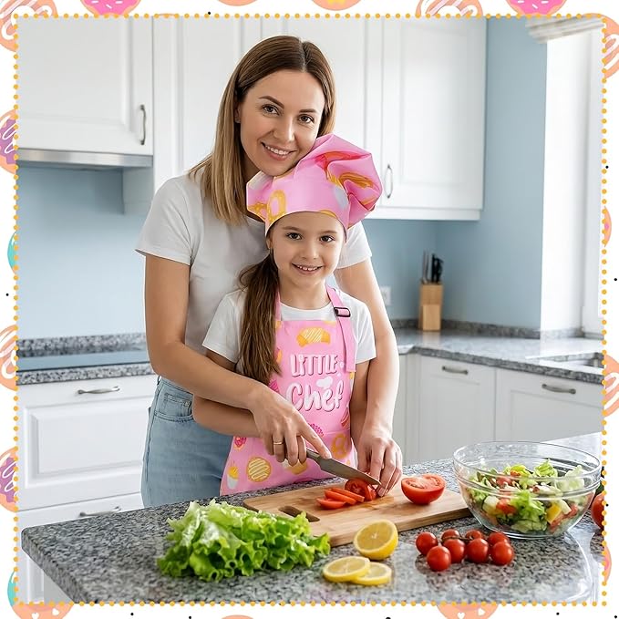 Kids Apron and Chef Hat Set, Funny Apron with 2 Pockets, Adjustable Kids Aprons for Cooking for Boys and Girls