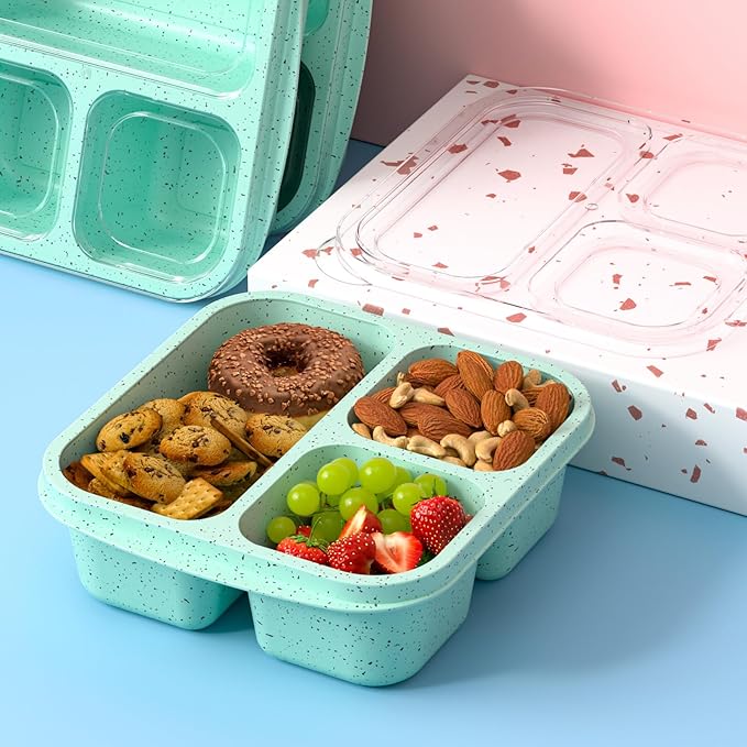 Snack Boxes (3 Pack) - Stackable Bento Boxes with 3 Compartments, Meal Prep Containers Reusable, Lightweight Lunch Containers for Kids and Adults, BPA Free (Green)