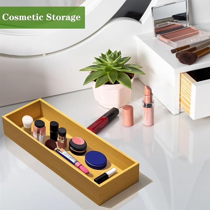guiogc Bamboo Drawer Silverware Organizer, Silverware Tray, Flatware Organizer, Bamboo Storage Box Suitable for Office, Bathroom and other objects storage (14.2"x5"x2"-Set of 2)