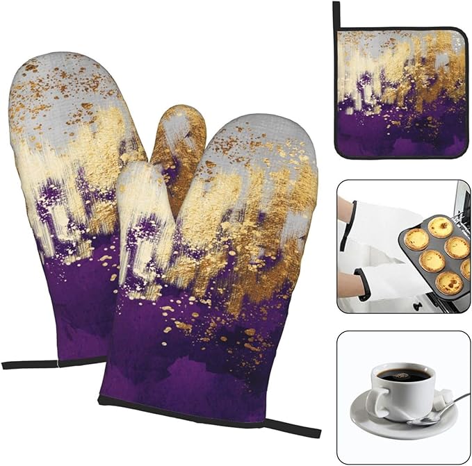 3 - Piece Purple and Gold Splash Patterned Oven Mitts and Pot Holders Set, Heat Resistant Non-Slip Modern Abstract Art Purple Kitchen Gloves for Cooking Baking Grilling, Gifts for Women, Home Decor