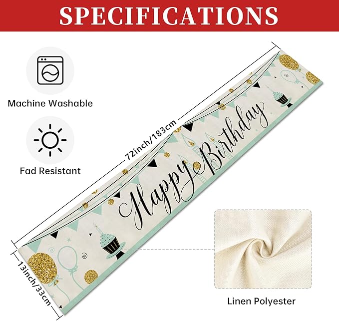 Happy Birthday Table Runner Cake Golden Balloon Pennant 13x72 Inch Polyester Linen Table Decoration for Kitchen Dinning, Indoor Outdoor Home Party Desktop Decor (Blue)