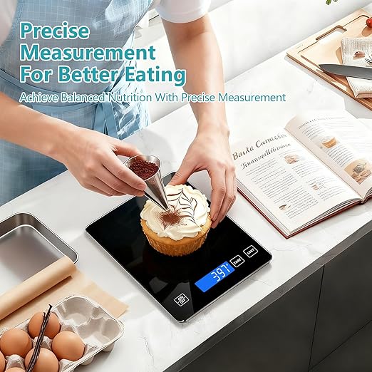 Food Kitchen Scale, Digital Food Scale 33lb/15kg Digital Kitchen Scale Precisely Measures Grams and Ounces for Meal Prep Baking and Cooking, Rechargeable 304 Stainless Steel Kitchen Scale Black