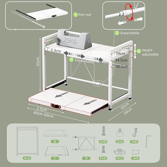 NETEL Expandable Microwave Stand,2 Tier Metal Kitchen Countertop Organizer Shelves with 8 Hooks,Bakers Rack,Pull-Out Microwave Shelf,Metal Storage Shelves,55lbs Weight Capacity,White