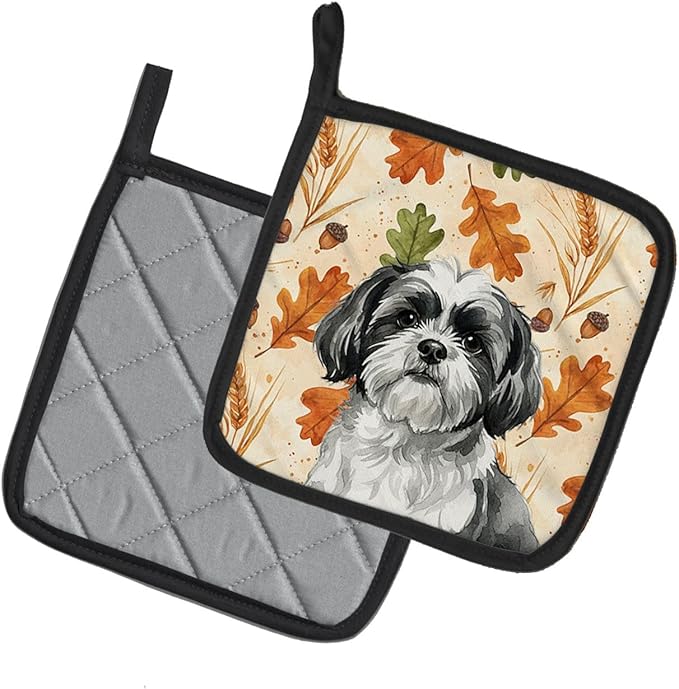 Caroline's Treasures Black and White Shih Tzu Heirloom Fall Pair of Pot Holders Pair 7.5x7.5 Quilted Insulated Hot Pads Decorative Kitchen Gift Made in USA