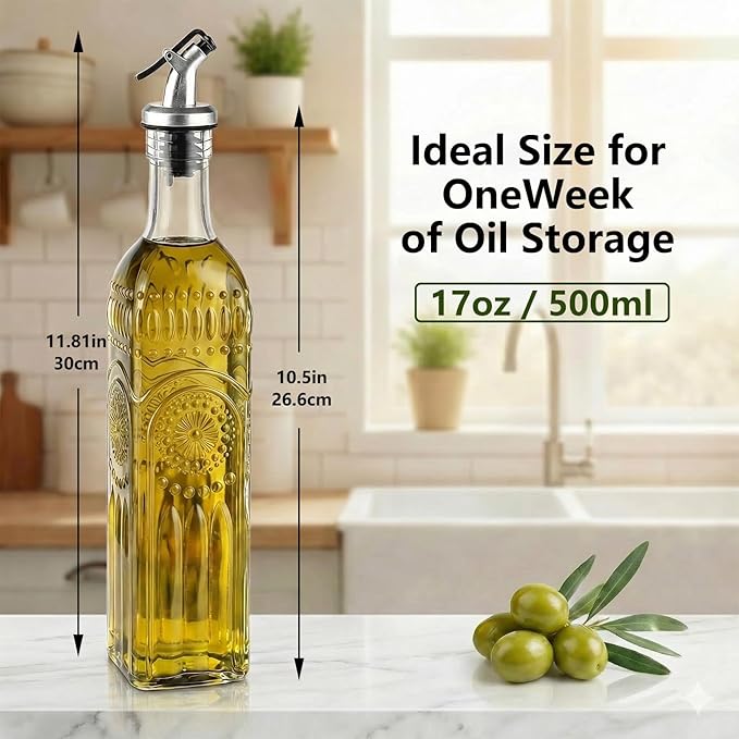 WERTIOO 4 Pack Olive Oil Dispenser Bottle for Kitchen,17oz Clear Glass Cooking Olive Oil and Vinegar Dispenser with Funnel, Delicately Engraved Glass Bottles for Kitchen