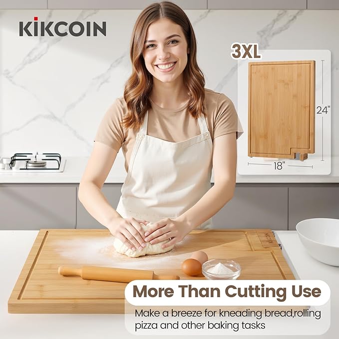 Kikcoin Bamboo Cutting Boards for Kitchen, 3XLarge Wood Cutting Board with Rotating Kickstand & Juice Groove, Wooden Chopping Board for Meats Veges Fruits, Heavy Duty Serving Tray, 24 x 18 inch