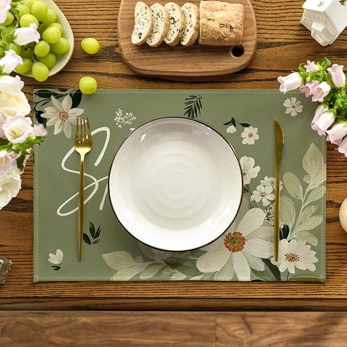 Artoid Mode Olive Green Hello Spring Daisy Flowers Spring Placemats Set of 4, 12x18 Inch Seasonal Holiday Table Mats for Party Kitchen Dining Decoration