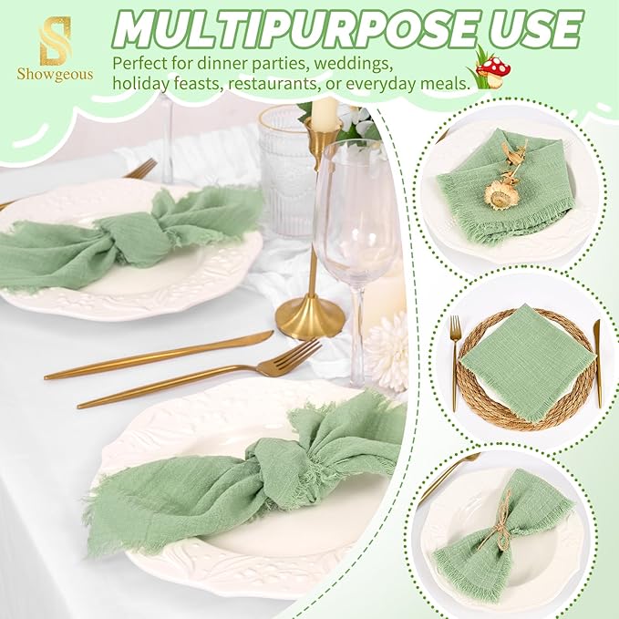 Showgeous 30 Pack Sage Green Cloth Napkins with Fringe 16x16 inch 100% Cotton Green Napkins Handmade Dinner Napkins Bulk Washable Soft Rustic Table Napkins for Wedding Parties Bridal Baby Shower