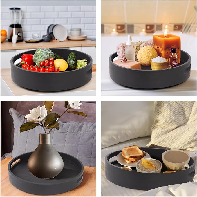 13in Black Bamboo Lazy Susan Turntable - Round Rotating Organizer for Cabinet, Table Top & Kitchen | Spice & Seasoning Spining Serving Tray