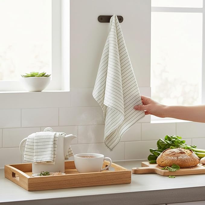Eight Owls Stonewashed Linen Kitchen Dish Towels - 20 x 27 inch – 100% Pure Linen Tea Towel/Hand Towel - Set of 2 (Olive Pinstripe)