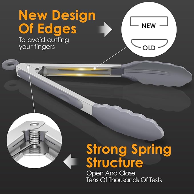 HOTEC Premium Stainless Steel Locking Kitchen Tongs with Silicon Tips, Set of 3-7", 9" and 12" (Grey)