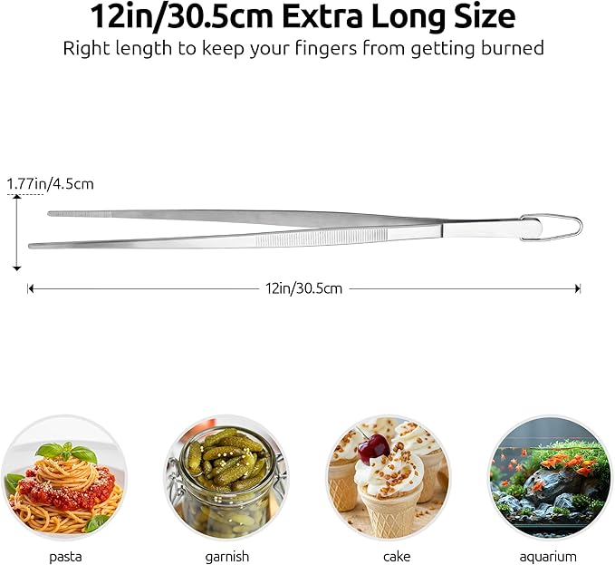 U-Taste 12in Long Kitchen Cooking Tweezer: 18/8 Stainless Steel Food-Grade Metal Food Tong, Flexible Pinching, Seamless-Welding, Sturdy and Non-Slip for Serving, Grilling, Frying, Baking (Pointed Tip)