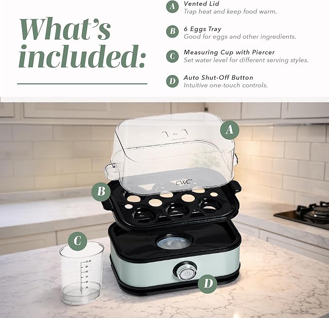 COOK WITH COLOR 6-Egg Capacity Egg Cooker – For Soft, Medium, Or Hard-Boiled Eggs, Rapid Cook Time, Auto Shut-Off & Boil-Dry Protection – Includes Tray, Measuring Cup & Lid – 210W Egg Maker, Sage