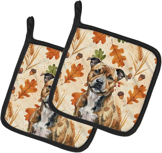 Caroline's Treasures Brindle Staffordshire Bull Terrier Heirloom Fall Pair of Pot Holders Pair 7.5x7.5 Quilted Insulated Hot Pads Decorative Kitchen Gift Made in USA
