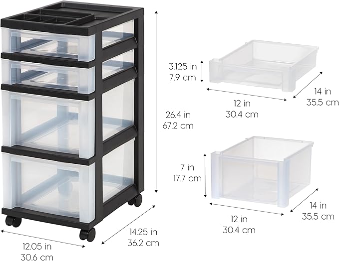 IRIS USA Plastic Drawer Storage Organizer Rolling Cart, with Wheels Casters, 4-Drawers, for Classroom Art Craft Supplies Dresser Closet Bathroom Laundry Room, Black/Clear