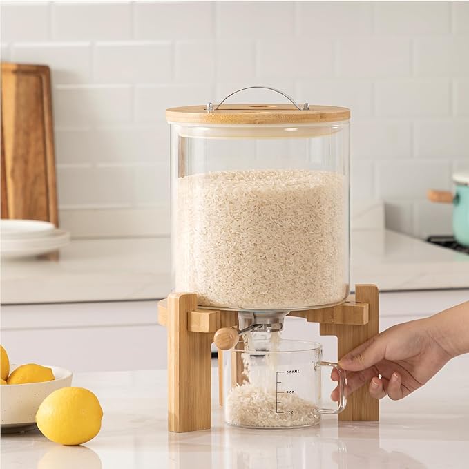 8-10 Lbs Glass Rice Dispenser with Wooden Stand Flour and Cereal Container with Glass Measuring Cup Pantry Food Organization Storage Bin with Airtight Bamboo Lid, 5L